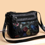 Women's Leather Messenger Shoulder Handbag Floral Multi-Pocket
