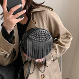 Small Round Rivet Tote Handbag with Chain Shoulder Strap
