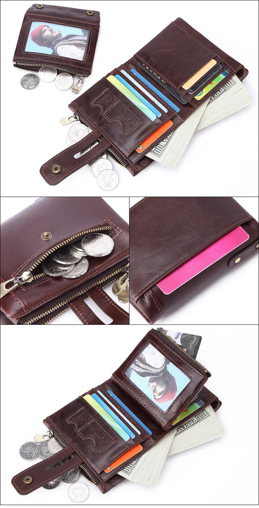 Vintage Casual Real Cowhide Leather Men Short Bifold Wallet