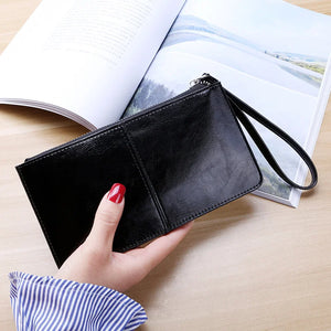 Vintage Oil Wax Women Leather Wallet Large Capacity Zipper Clutch Coin Purse