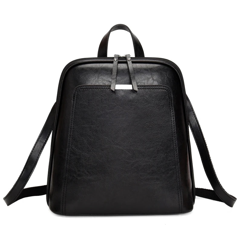 Oil Wax Leather Women Backpack Large Capacity School Bag