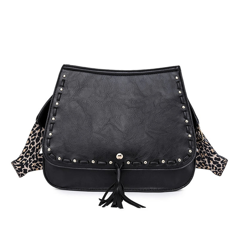 Women Bag PU Leather Tassel Crossbody Bag with Leopard Strap