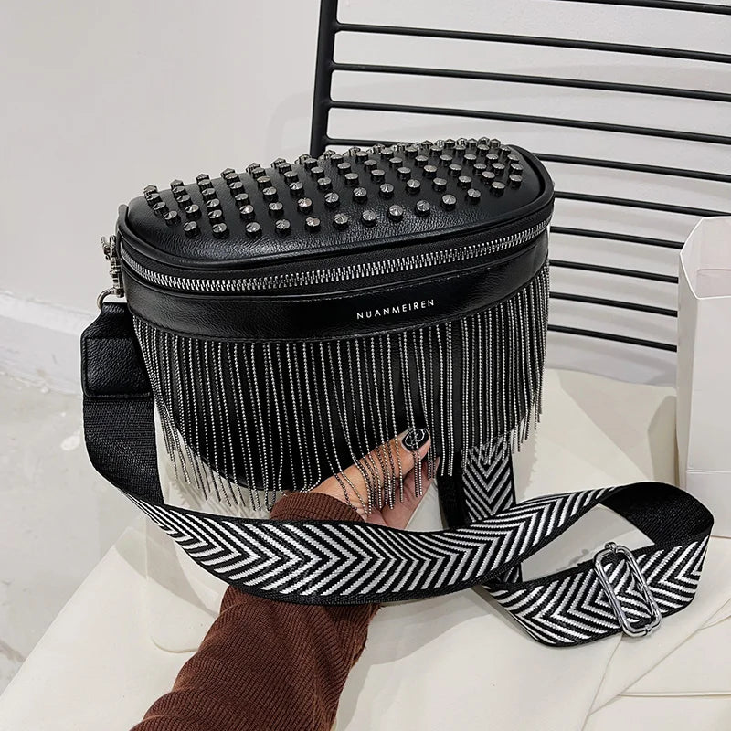 Women Chest Bag Tassel Pu Leather Large Capacity Crossbody Bag Waist Bags
