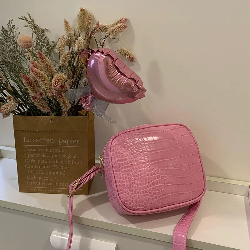 Pink Crocodile Pattern Leather Handbag Chest Bag Messenger Bag
