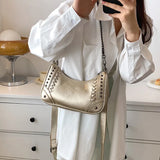 Women Green Rivets Axillary Bag Studded Half-Moon Bags
