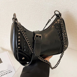 Studded Half-Moon Crossbody Bag with Chain Shoulder Strap