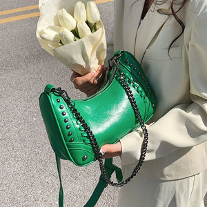 Studded Half-Moon Crossbody Bag with Chain Shoulder Strap