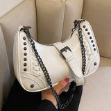Studded Half-Moon Crossbody Bag with Chain Shoulder Strap