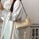 Studded Half-Moon Crossbody Bag with Chain Shoulder Strap
