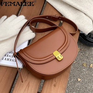Women's Half Round Saddle Purse PU Leather Crossbody Bags Chain Handbag