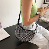 Zircon PU Leather Shoulder Half Moon Bag For Women