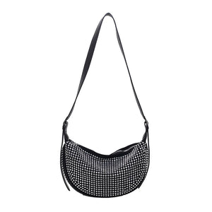 Zircon PU Leather Shoulder Half Moon Bag For Women