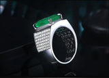 Men's Green Emerald Crystal Ring Silver Jewelry
