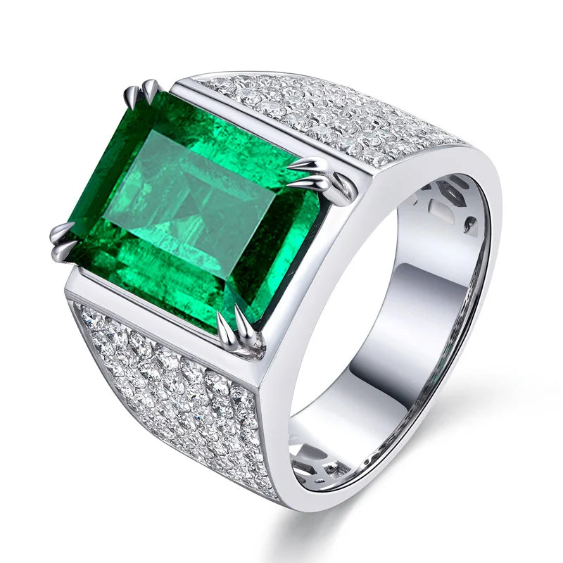 Men's Green Emerald Crystal Ring Silver Jewelry