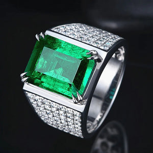 Men's Green Emerald Crystal Ring Silver Jewelry