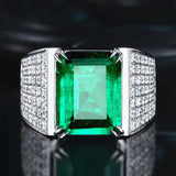 Men's Green Emerald Crystal Ring Silver Jewelry