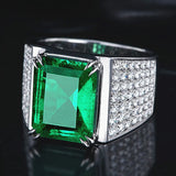 Men's Green Emerald Crystal Ring Silver Jewelry