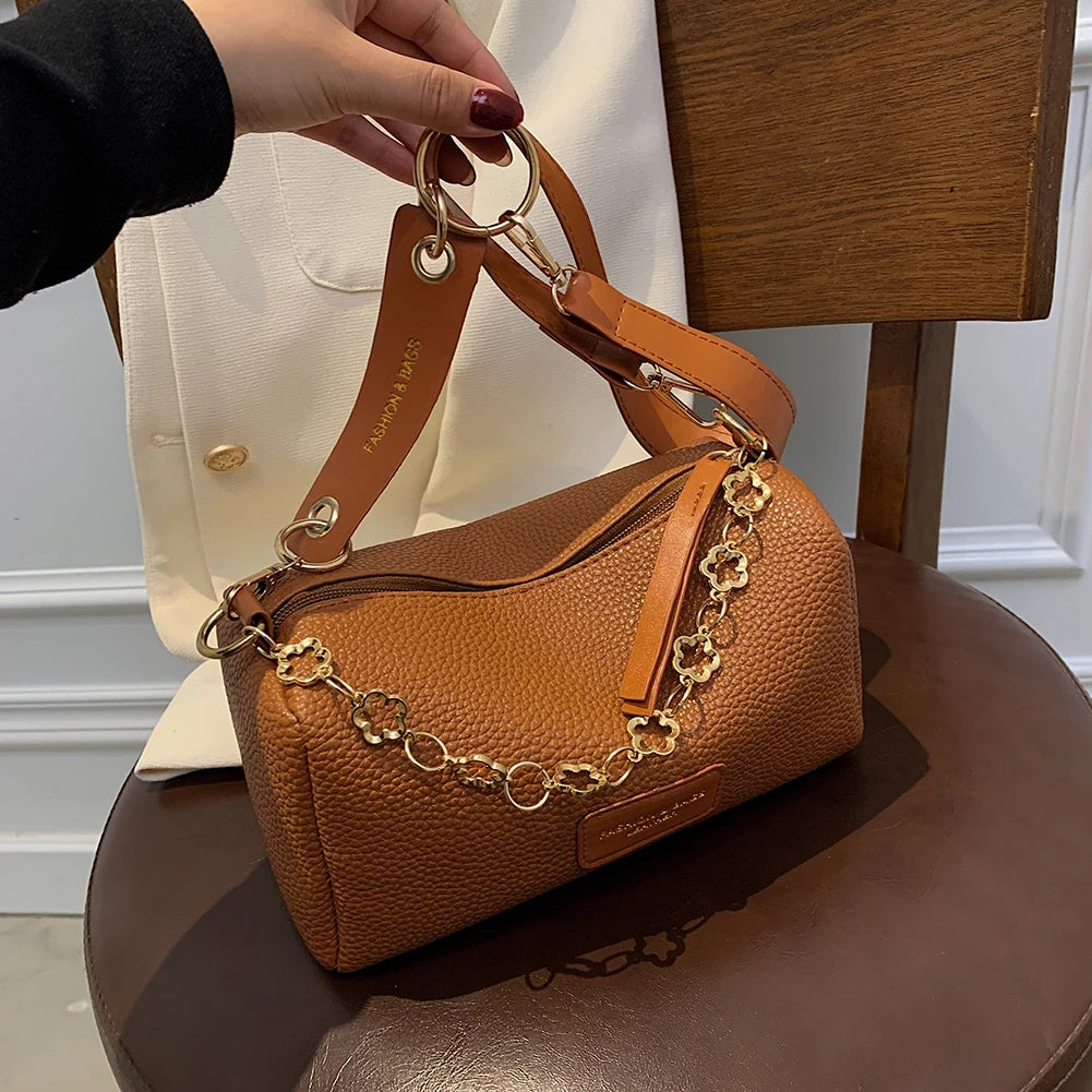 Lychee Shoulder Bag for Women PU Leather Solid Small Handbag