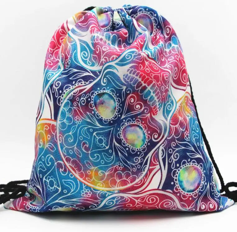 3D Digital Print Skull Drawstring Backpack Small Size