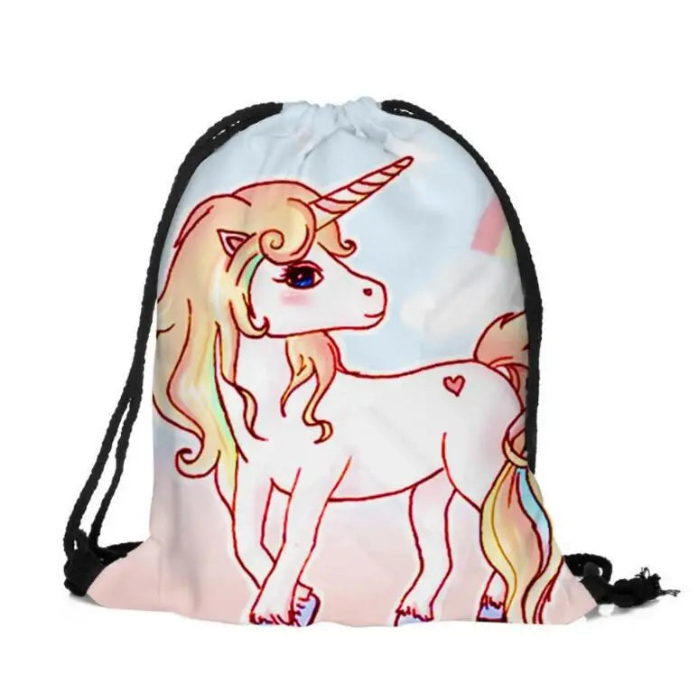 3D Cartoon Unicorn Drawstring Backpack Thin Rope Strap Small Size