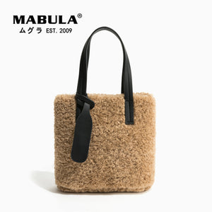 Coffe Sqaure Faux Fur Women Tote Bag - Soft Fluffy Small Shopper Purse