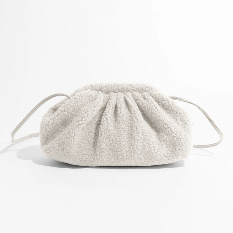 Faux Fur Pleated Shoulder Bag Metal Frame Hobo Purse