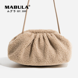 Faux Fur Pleated Shoulder Bag Metal Frame Hobo Purse
