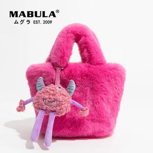 Faux Fur Small Tote Bag With Monster Top Handle Handbag