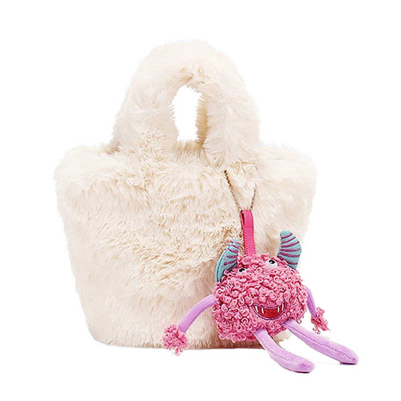 Faux Fur Small Tote Bag With Monster Top Handle Handbag