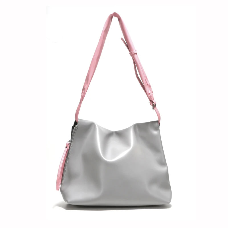 Gray/Pink PU Leather Shoulder Bag for Women Adjustable Strap Hobo Purse