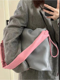 Gray/Pink PU Leather Shoulder Bag for Women Adjustable Strap Hobo Purse