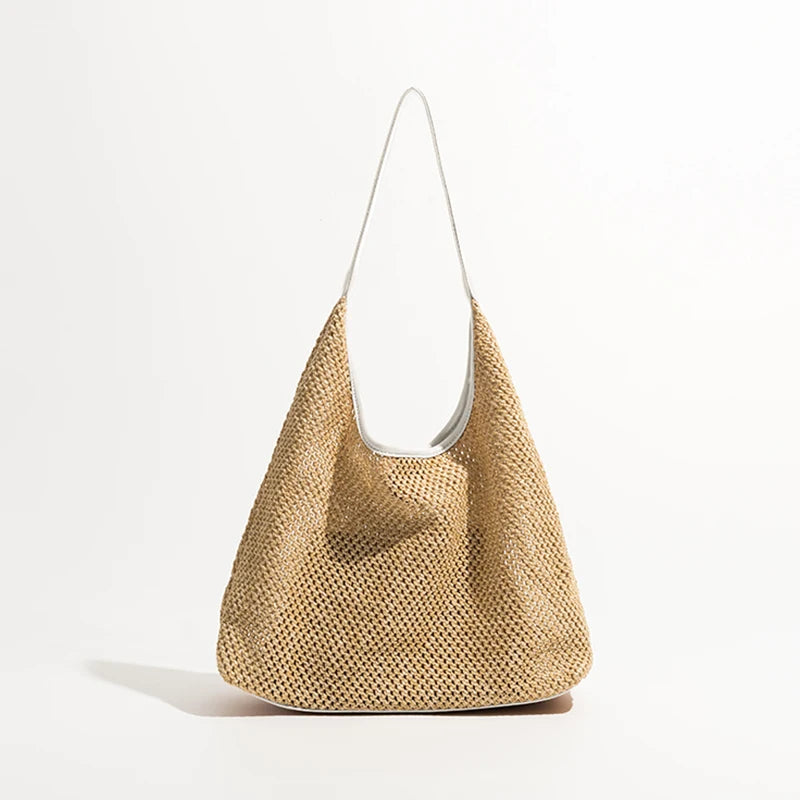 Beach Vacation Women Straw Bags Large Tote Shoulder Bag 2 Pcs Set