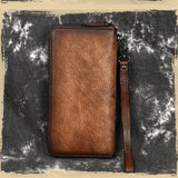 MAHEU Vintage Leather Long Wallet Men's Business Zipper Purse Phone Holder