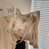 Embroidery Tulips Floral Tote Bag for Women