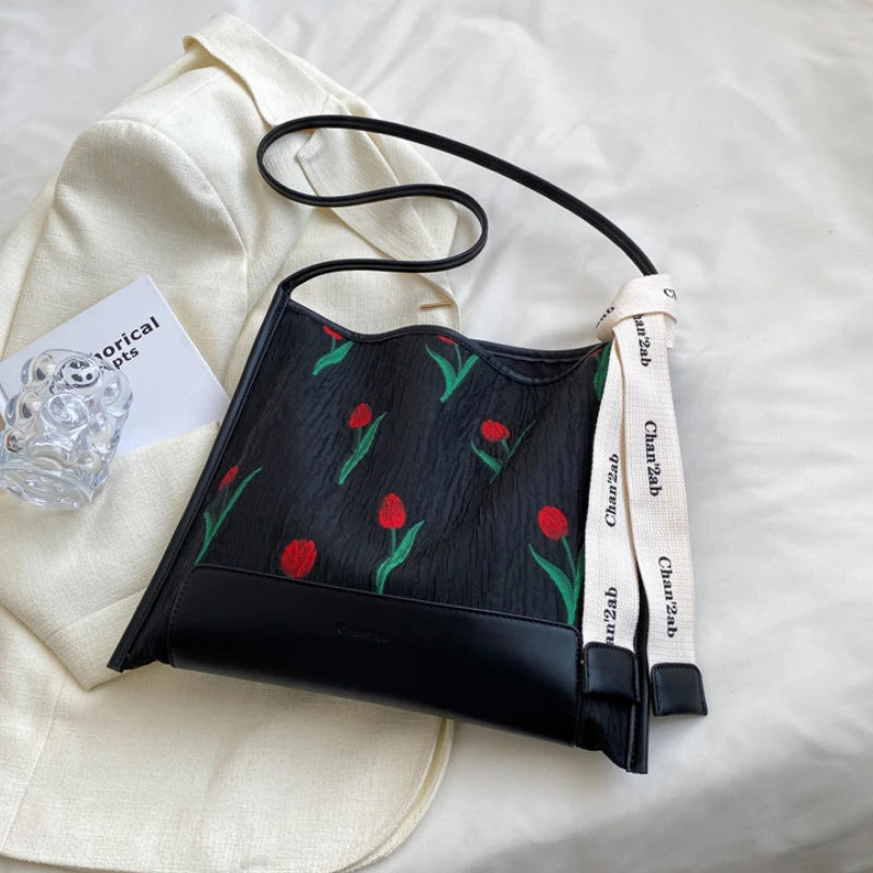 Embroidery Tulips Floral Tote Bag for Women