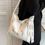Embroidery Tulips Floral Tote Bag for Women