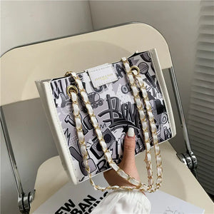 MBTI Graffiti Print Shoulder Bag for Women Cartoon Pu Leather Casual Purse
