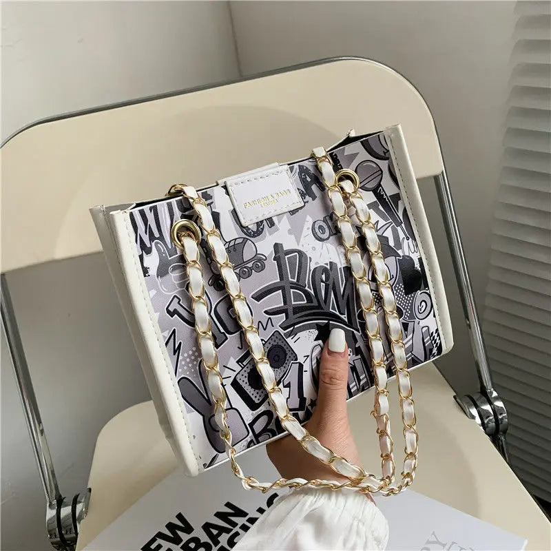 MBTI Graffiti Print Shoulder Bag for Women Cartoon Pu Leather Casual Purse