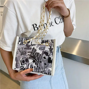 MBTI Graffiti Print Shoulder Bag for Women Cartoon Pu Leather Casual Purse
