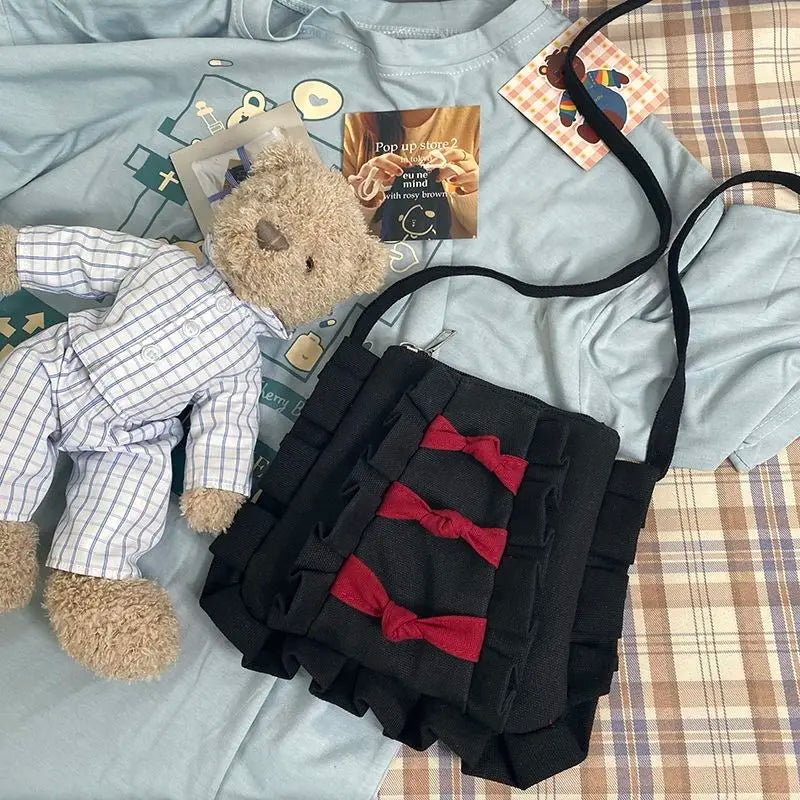 Sweet Girl Canvas Shoulder Bag with Bow Japanese Style