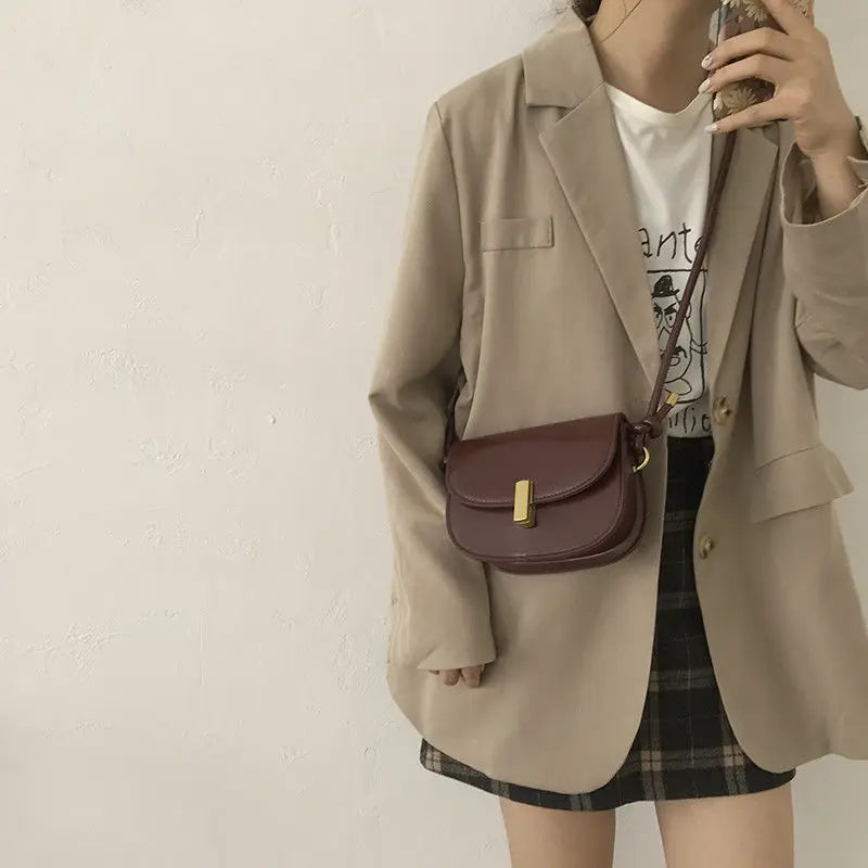 MBTI Saddle Bag Vintage Casual PU Leather Purse Solid Female Shoulder Bag