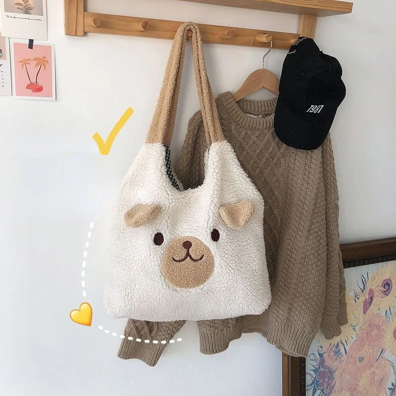 MBTI Women Lamb Shoulder Bag Soft Smiley Bear Large Capacity Portable Tote Bag