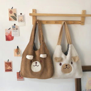 MBTI Women Lamb Shoulder Bag Soft Smiley Bear Large Capacity Portable Tote Bag