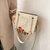 Embroidered Bear Square Shoulder Bag, Leather Crossbody for Women