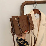 Embroidered Bear Square Shoulder Bag, Leather Crossbody for Women