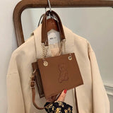 Embroidered Bear Square Shoulder Bag, Leather Crossbody for Women