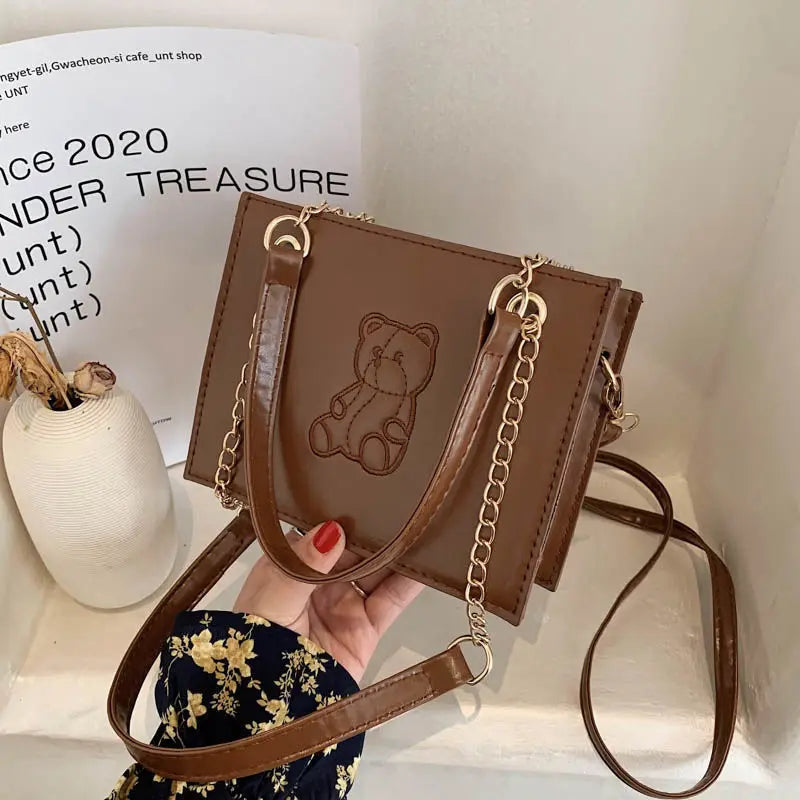 Embroidered Bear Square Shoulder Bag, Leather Crossbody for Women