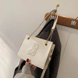 Embroidered Bear Square Shoulder Bag, Leather Crossbody for Women