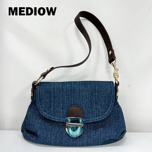 Denim Metal Lock Decoration Small Shoulder Cloth Bag