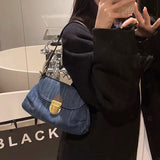 Denim Metal Lock Decoration Small Shoulder Cloth Bag